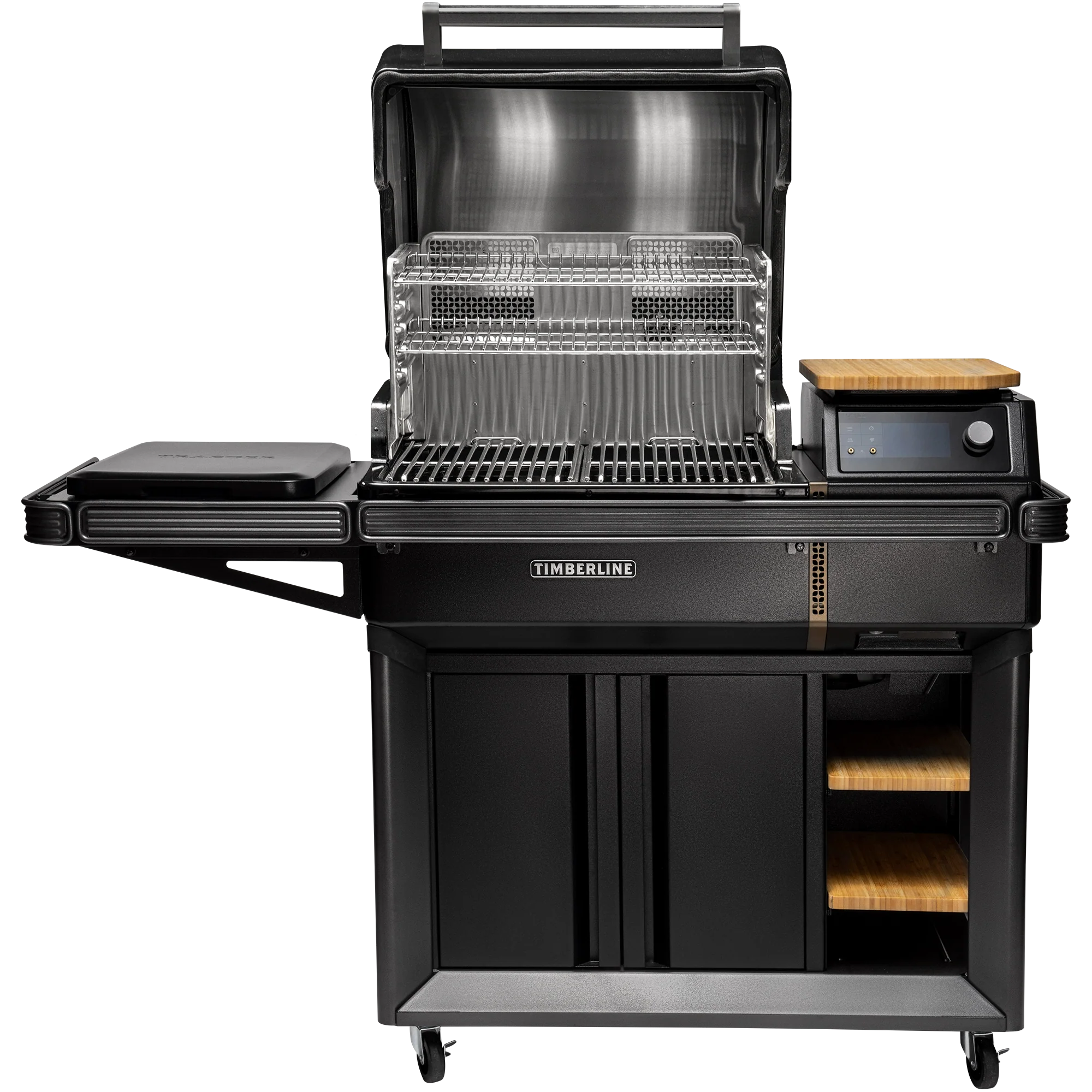 Black outdoor grill with additional shelves and a cutting board on a white background