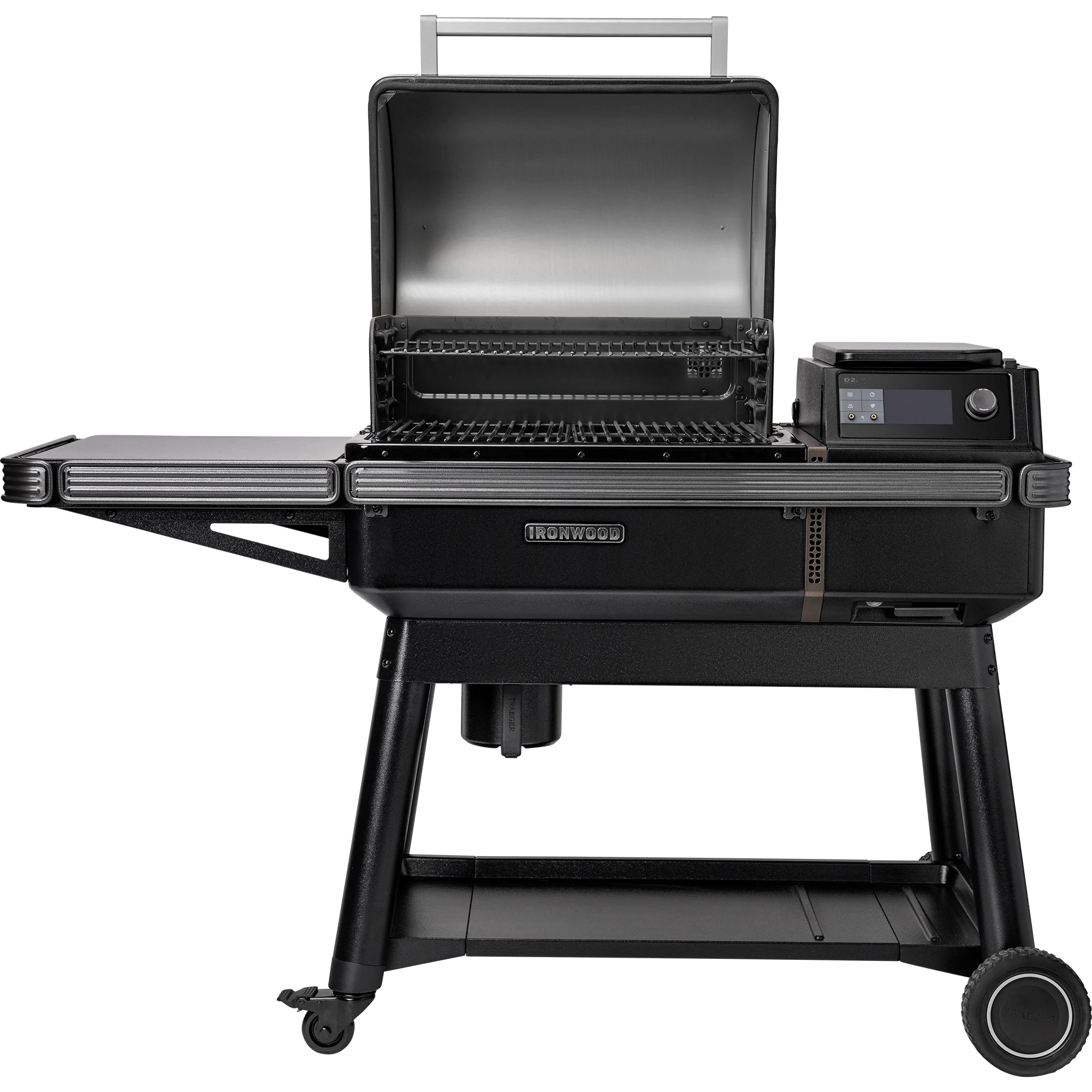 Black grill with digital display on a white background