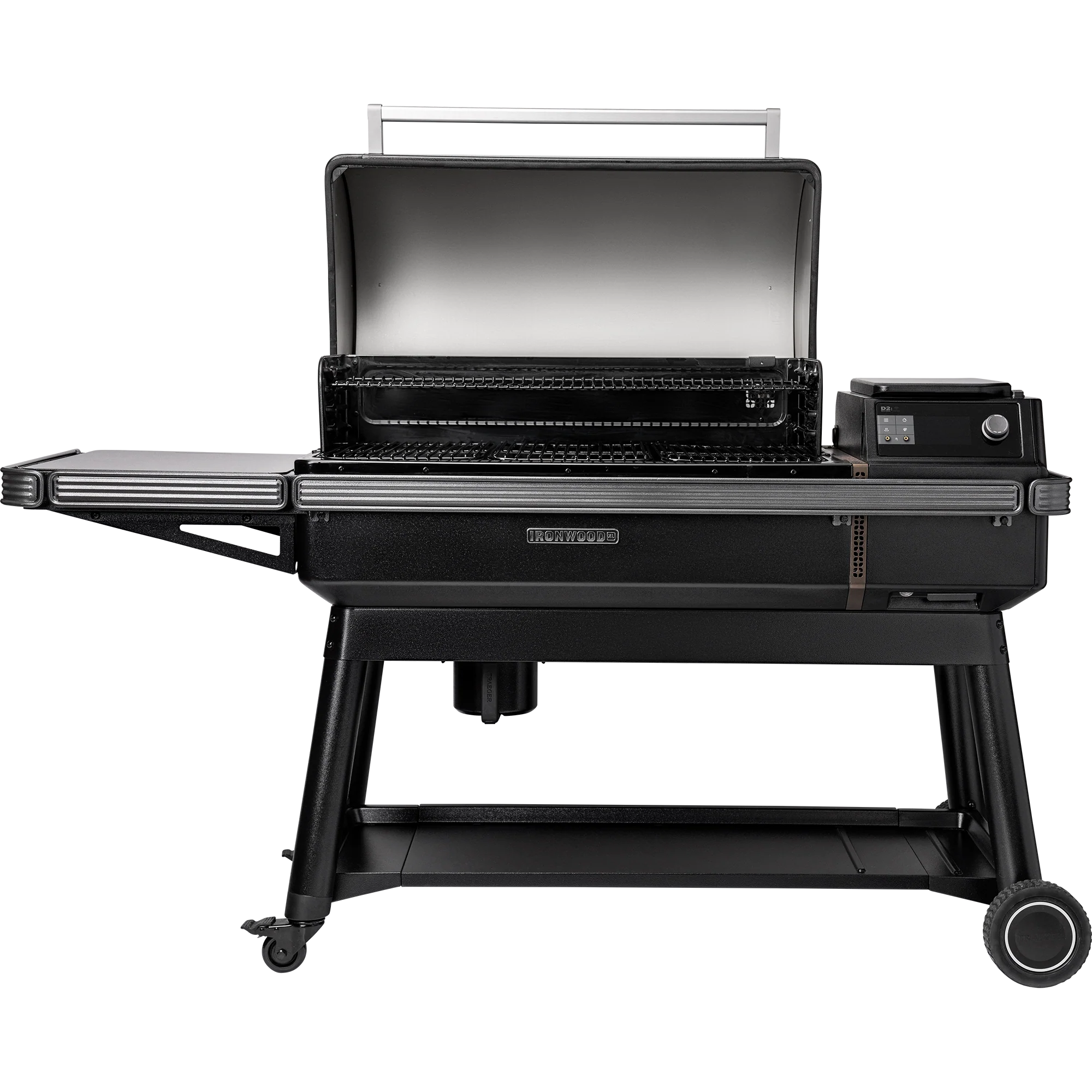 Black grill on wheels with open lid on a white background