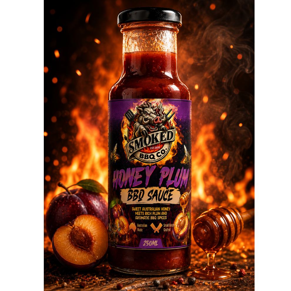 A bottle of Smoked BBQ Co Honey Plum BBQ Sauce stands on a rustic wooden surface with plums, a honey dipper, and glowing embers in the background. The bottle has a black lid and a purple label with fiery graphics.