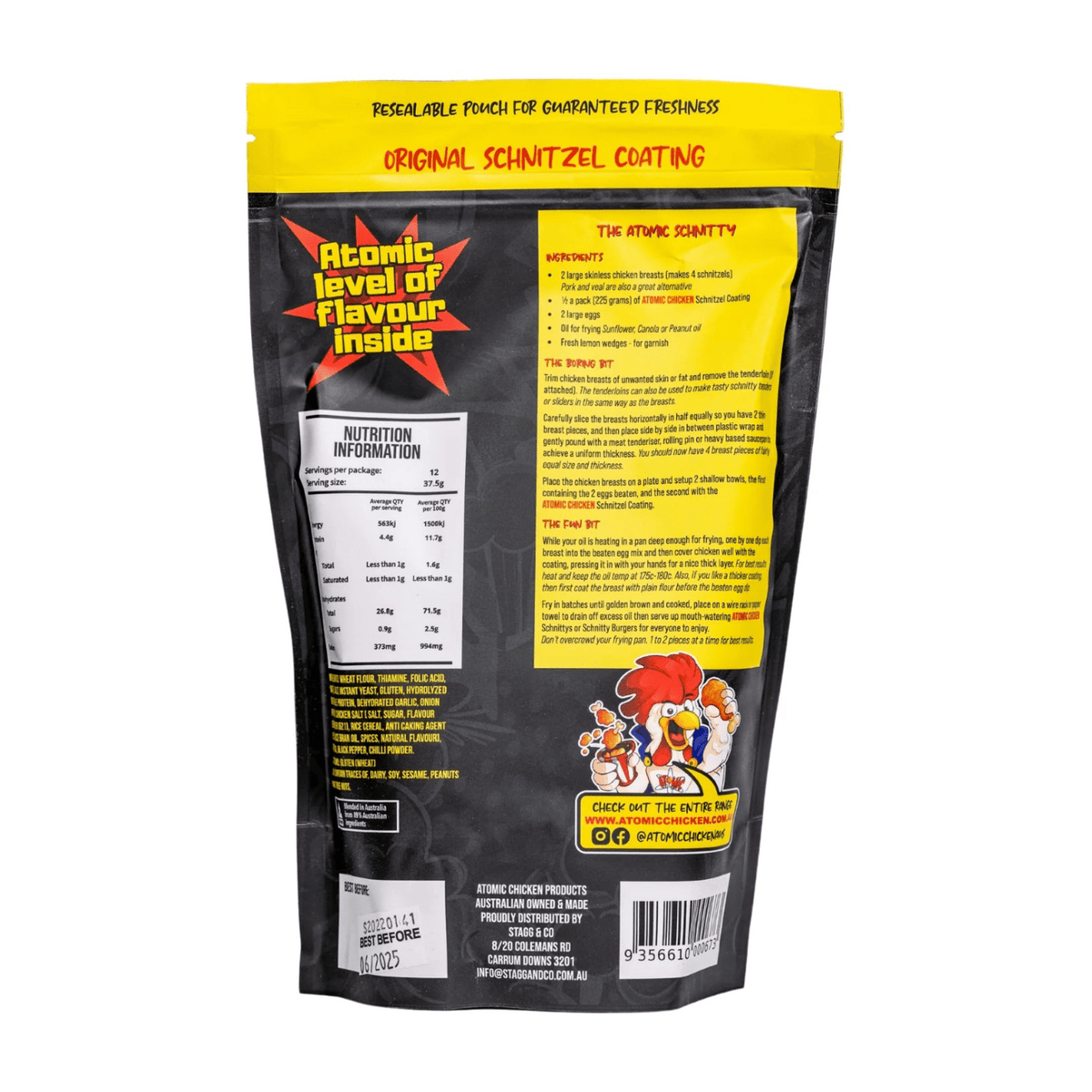 Back view of a food packaging with branding and nutritional information on a white background