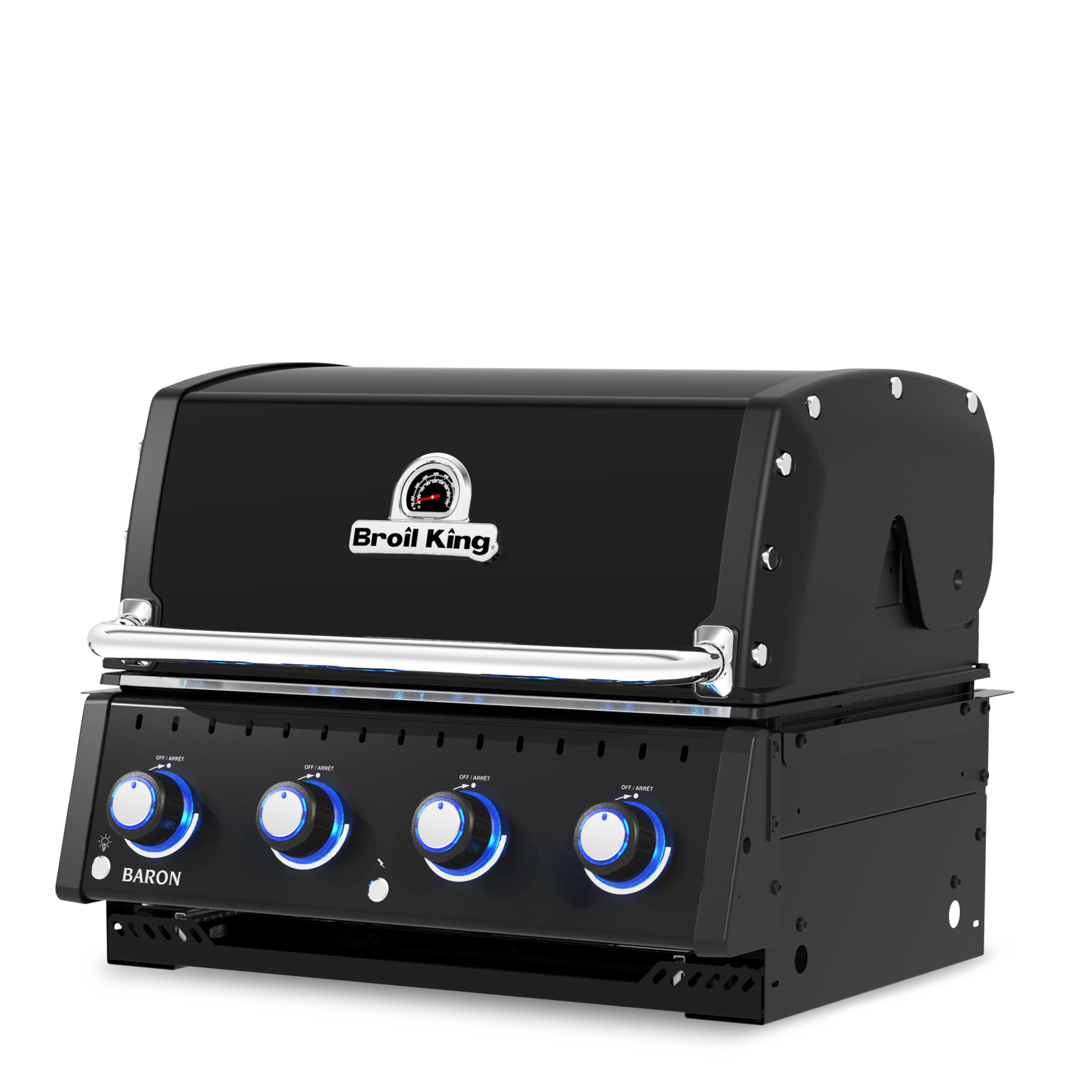 A black outdoor gas grill with four blue-lit control knobs and a silver handle, shown on a solid white background.
