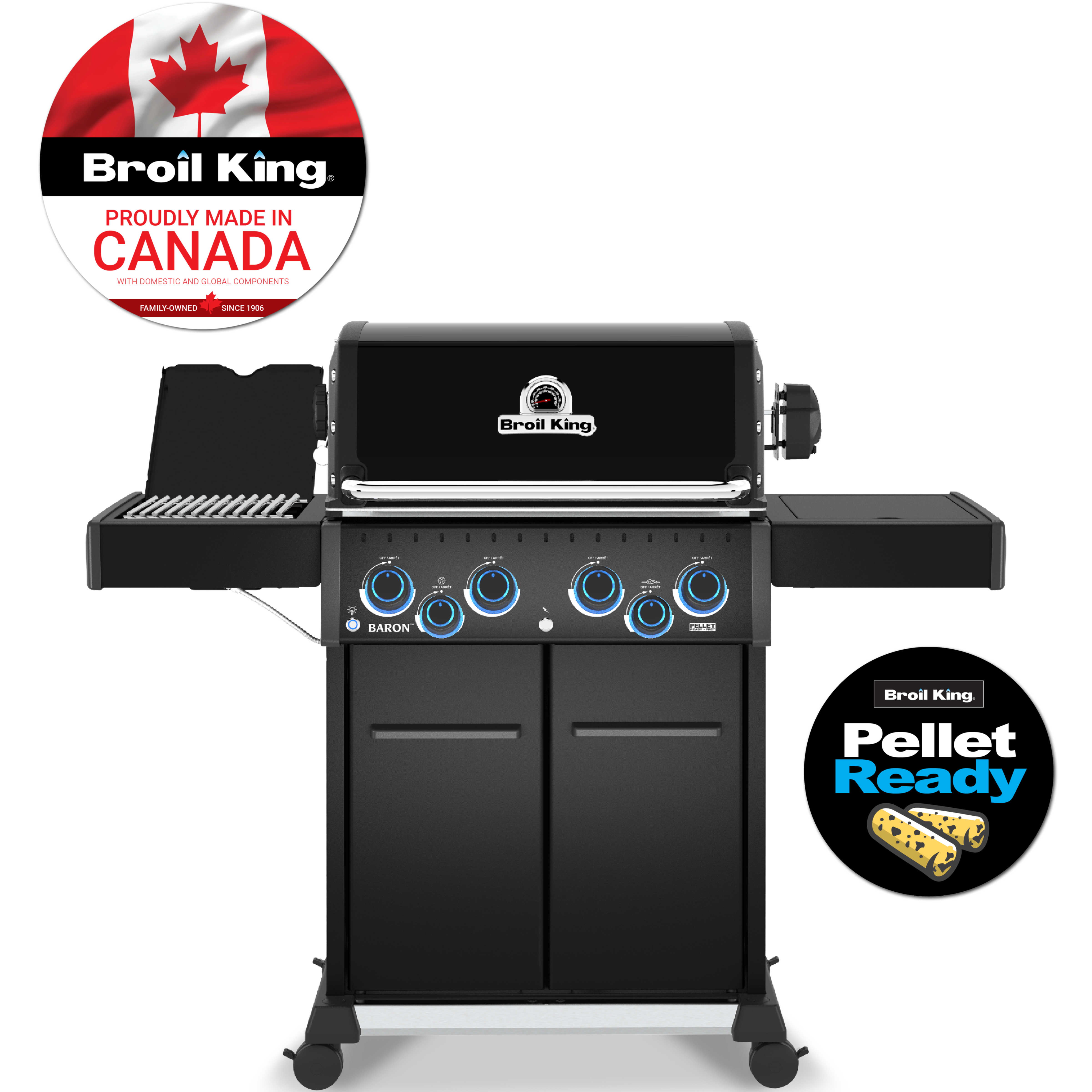 Broil King gas grill in black with blue control knobs, shown on a white background with two circular promotional badges: one reading 'Broil King Proudly Made in Canada' with a Canadian flag, and one reading 'Pellet Ready'.