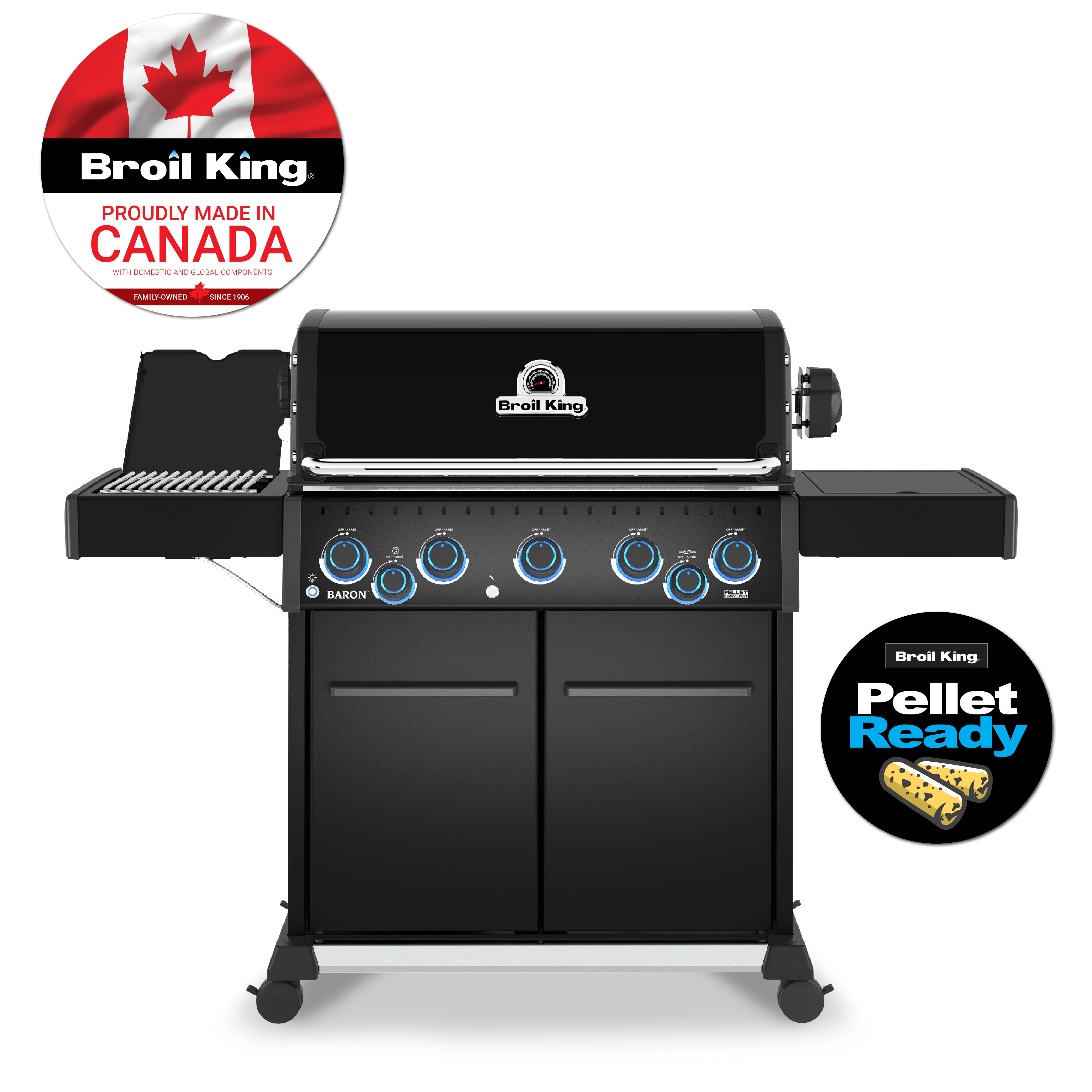 Black Broil King gas grill with side shelves, control knobs, and two circular promotional badges reading 'Broil King Premium Made in Canada' and 'Pellet Ready' on a white background.