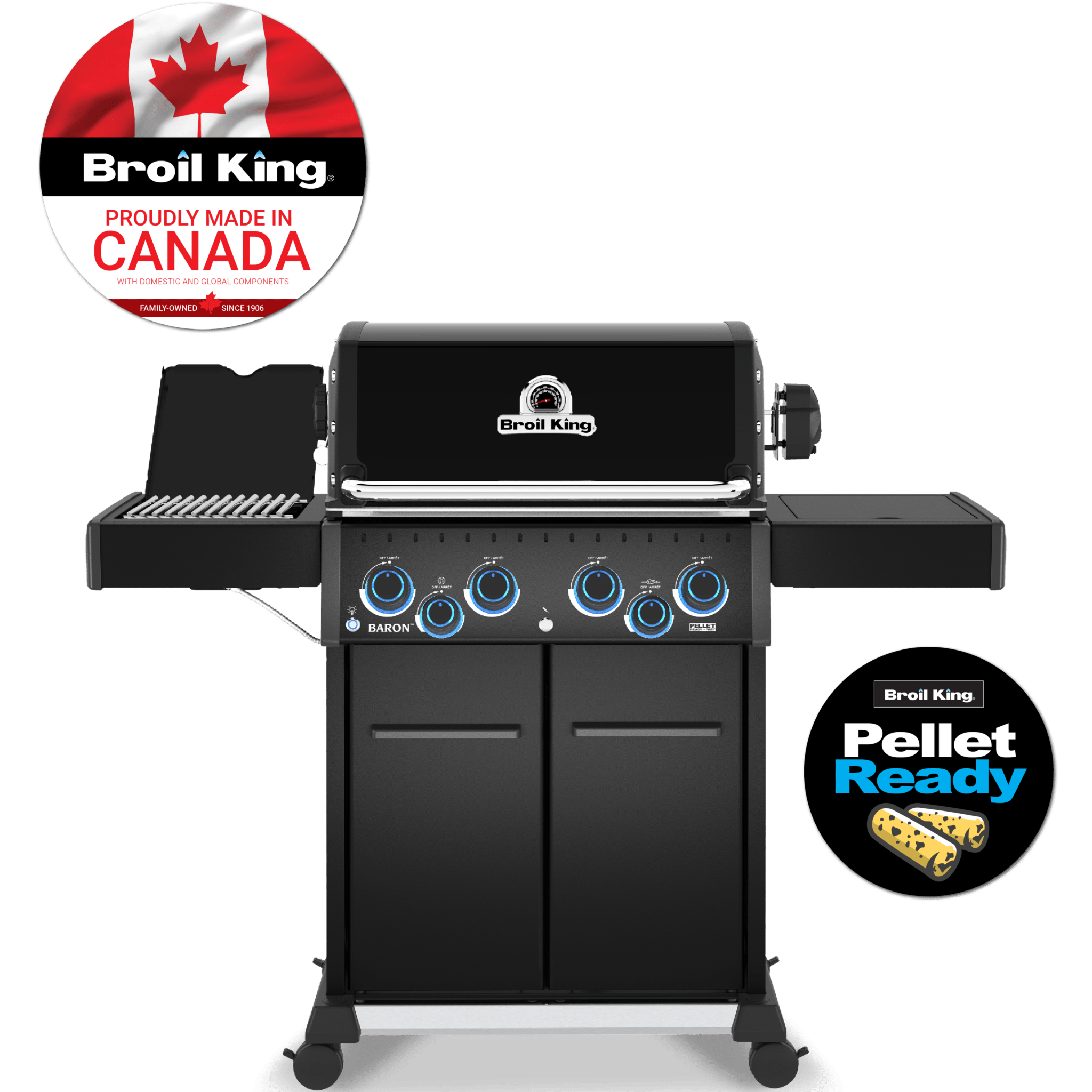 Broil King gas grill in black with blue control knobs, shown on a white background with two circular promotional badges: one reading 'Broil King Proudly Made in Canada' with a Canadian flag, and one reading 'Pellet Ready'.