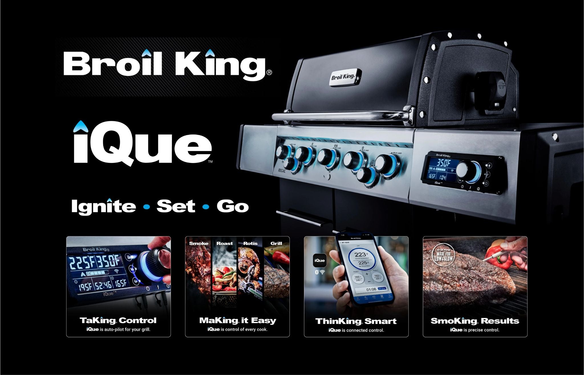 Broil King iQue grill with features highlighted on a black background