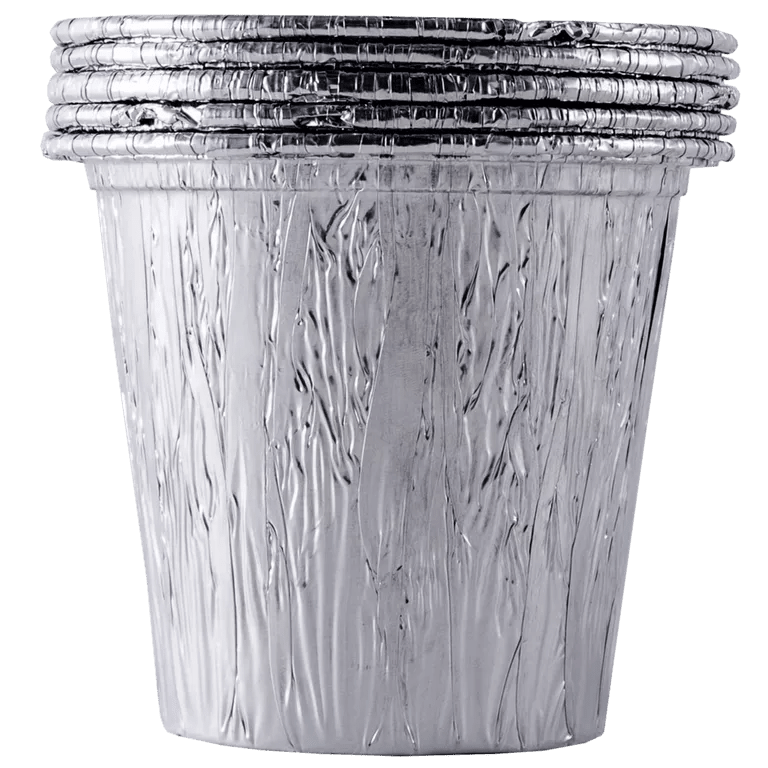 Stack of clear plastic containers with silver lids on a white background