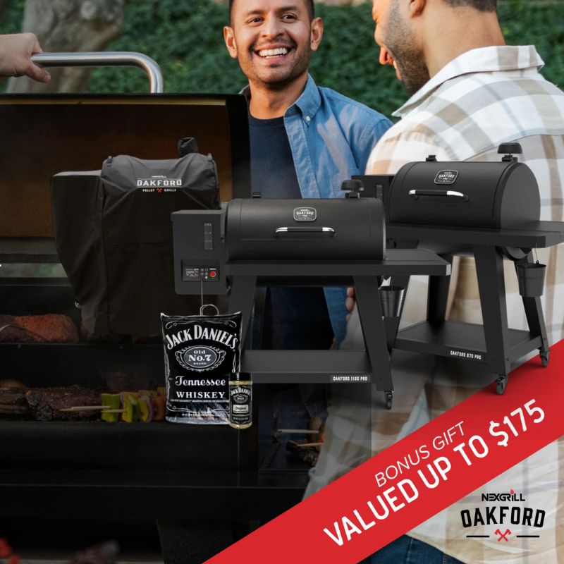 Two men grilling outdoors with a Nexgrill Oakford grill and Jack Daniel's whiskey, featuring a bonus gift offer.