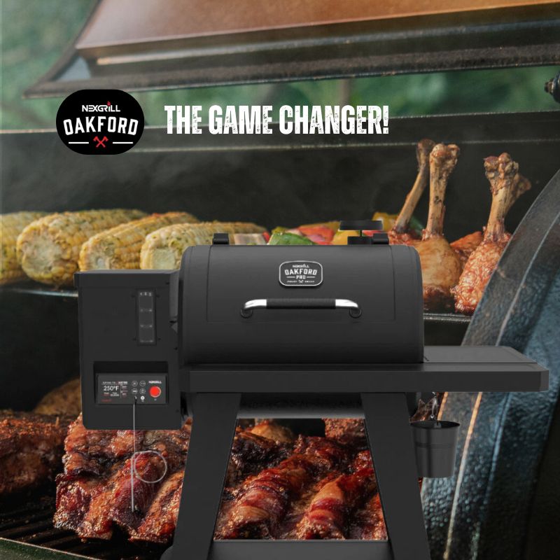Black grill with food cooking on a grill, featuring the 'Oakford' brand.