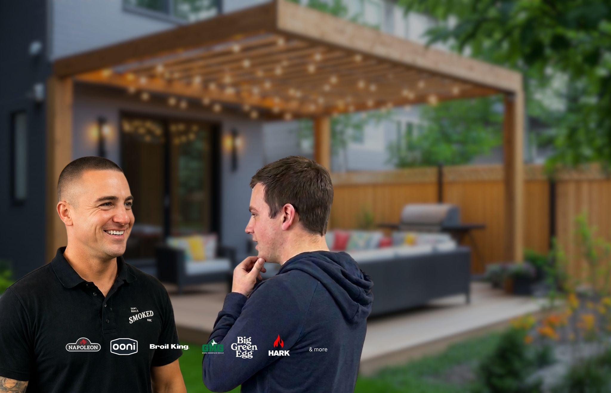 Two men talking outdoors with a pergola and backyard in the background