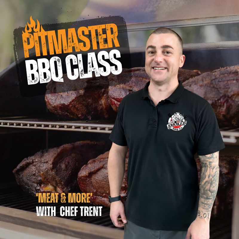 A man (Chef Trent) wearing a black polo shirt with a Smoked BBQ logo stands in front of a large smoker with cooked meat. Text on the image reads 'PITMASTER BBQ CLASS' and 'MEAT & MORE WITH CHEF TRENT'.