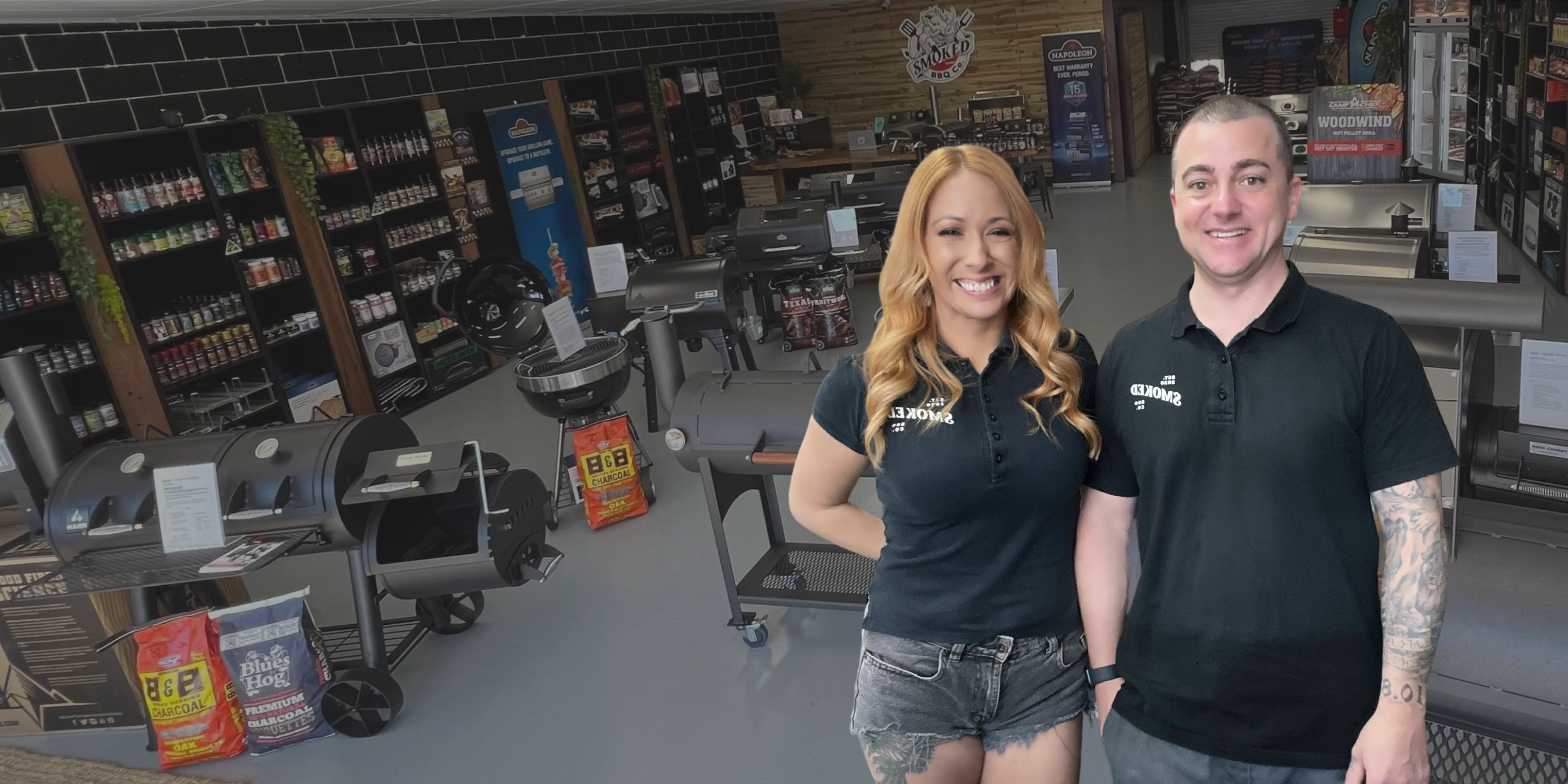Smoked BBQ Co owners, Cassie and trent standing inside their Miami showroom