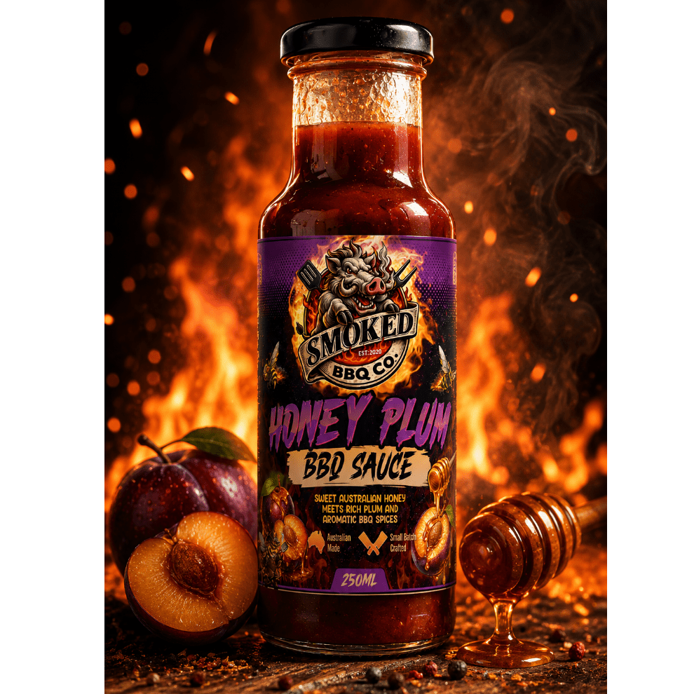 A bottle of Smoked BBQ Co Honey Plum BBQ Sauce stands on a rustic wooden surface with plums, a honey dipper, and glowing embers in the background. The bottle has a black lid and a purple label with fiery graphics.