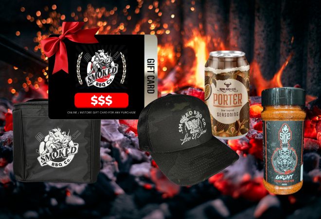 Selection of Smoked Gift ideas including merch, rubs and sauces