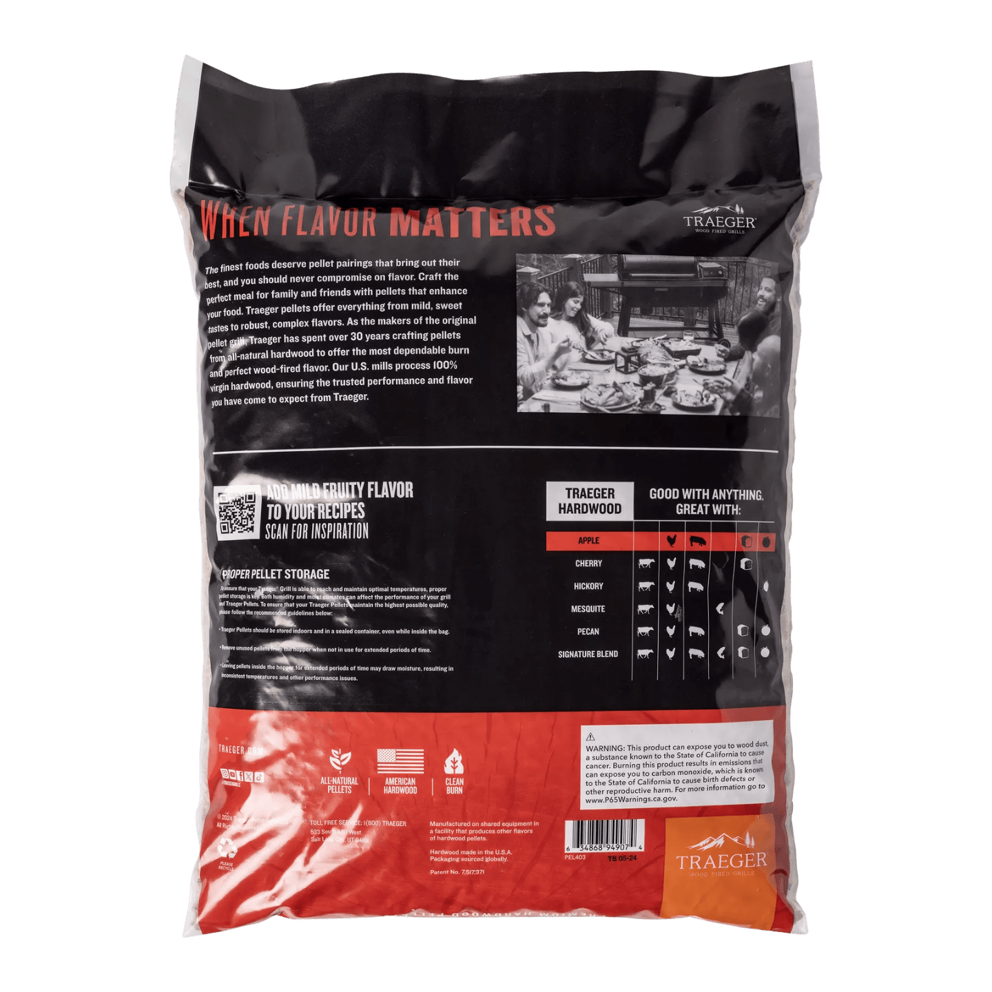 Traeger hardwood pellets packaging with branding and product details.