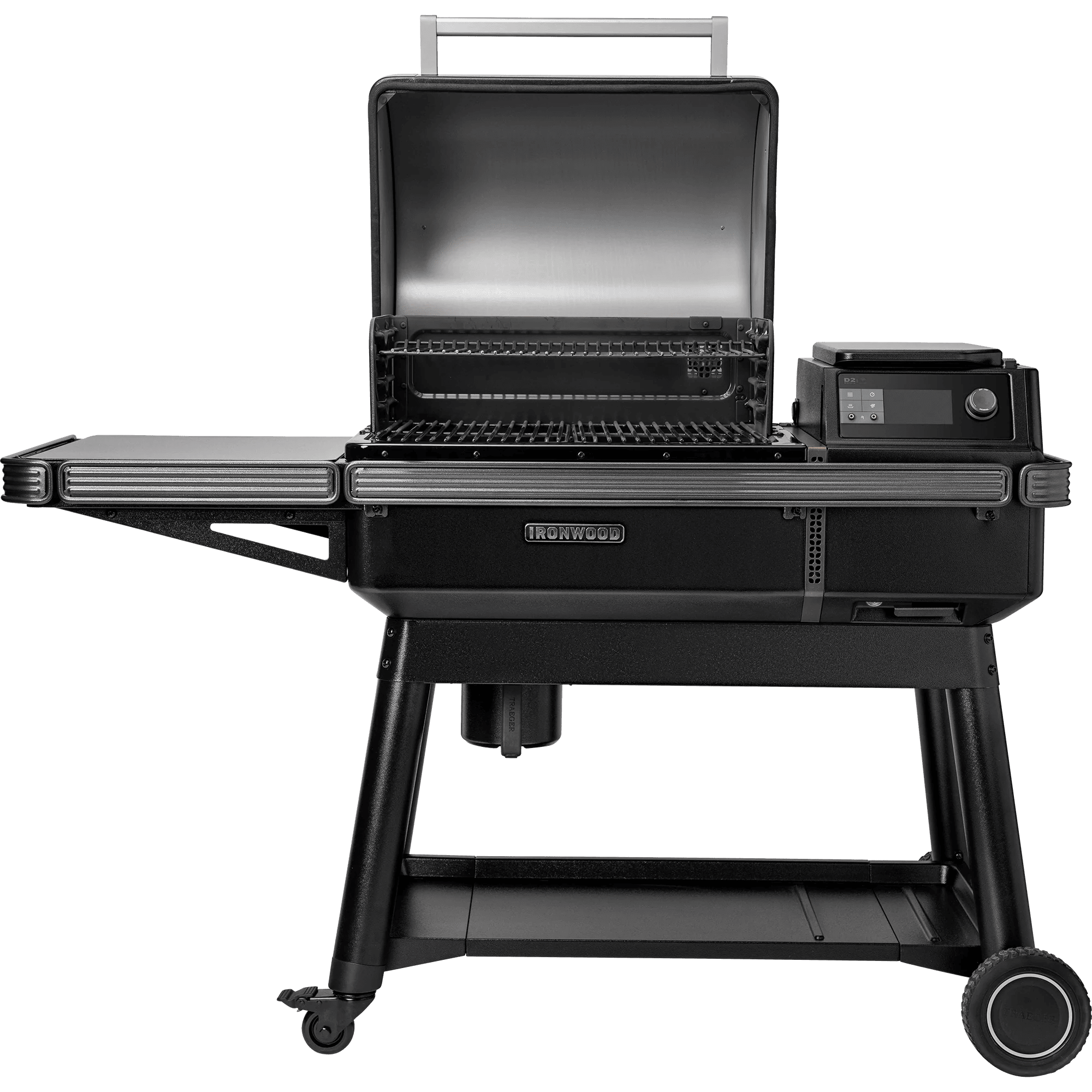 Black grill with digital display on a white background