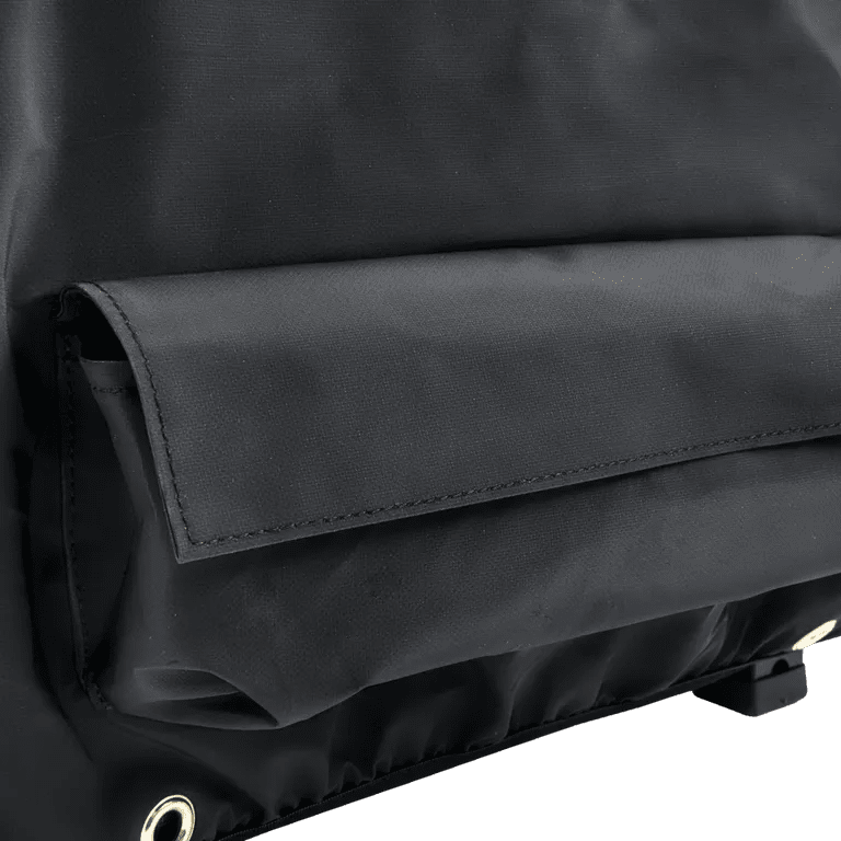 Close-up of a black raincoat with a focus on the fabric texture.