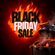 Promotional graphic for a Black Friday sale featuring bold black and white text over a bright orange flame shape on a dark red background, with a smoking charcoal grill and cooked meat in the lower right corner.
