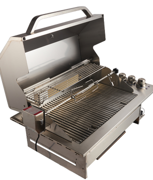 A stainless steel gas grill with the lid open, showing the interior grates, burner controls, and side handle on a plain white background.