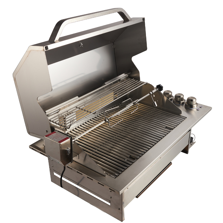 A stainless steel gas grill with the lid open, showing the interior grates, burner controls, and side handle on a plain white background.
