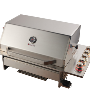 A stainless steel outdoor gas grill with a sliding lid, side handle, control knobs, and a drip tray, shown on a plain white background.