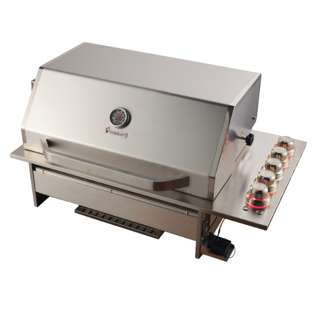 A stainless steel outdoor gas grill with a sliding lid, side handle, control knobs, and a drip tray, shown on a plain white background.