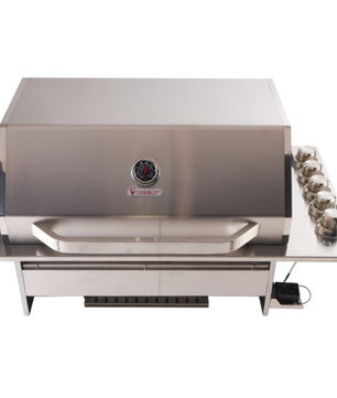A stainless steel outdoor gas grill with a side burner attachment, shown on a plain white background.