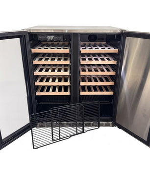 A stainless steel wine refrigerator with both glass doors open, showing multiple wooden wine racks inside and a detachable black wire rack placed in front. The brand name 'BOSTAN' is visible on the interior control panel.