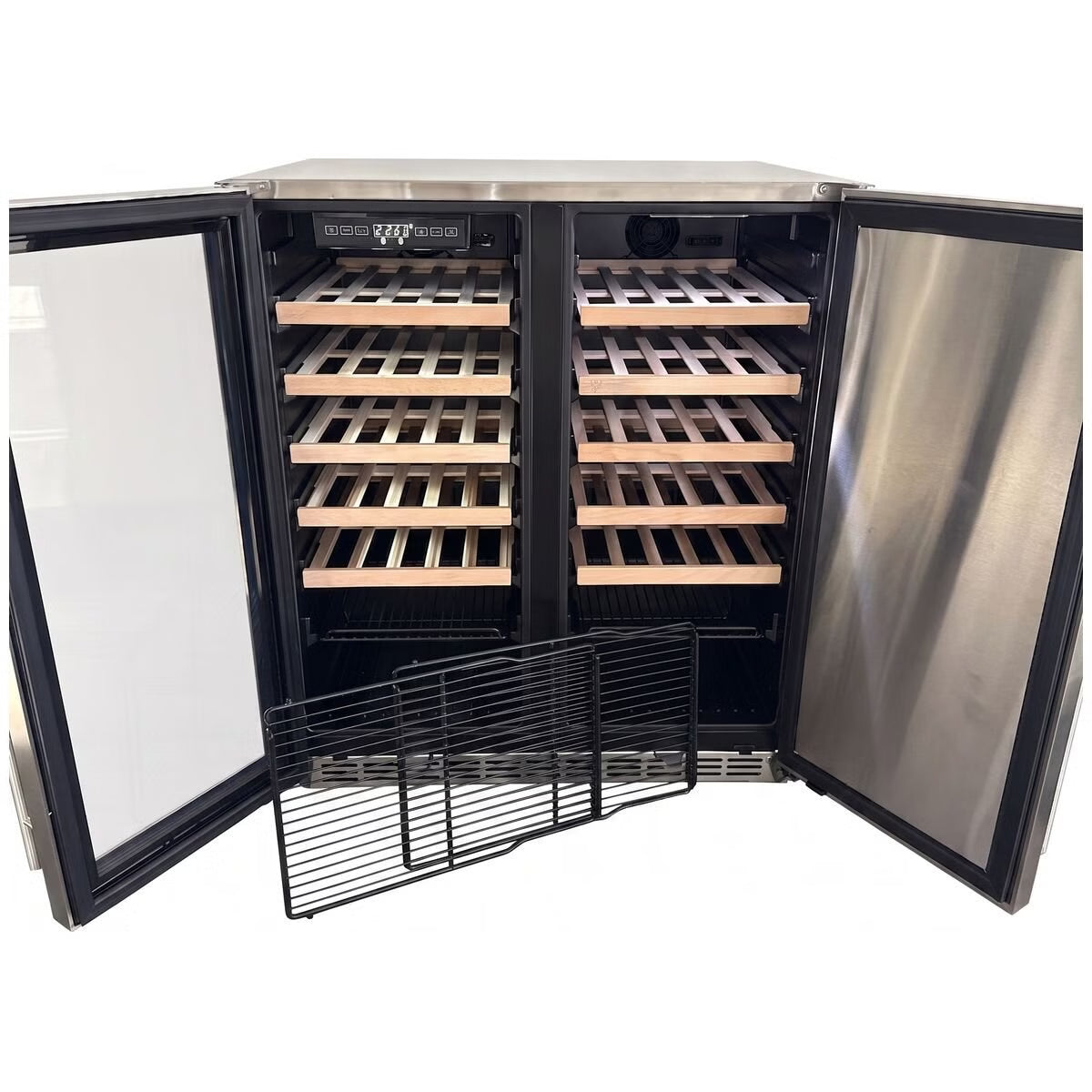 A stainless steel wine refrigerator with both glass doors open, showing multiple wooden wine racks inside and a detachable black wire rack placed in front. The brand name 'BOSTAN' is visible on the interior control panel.