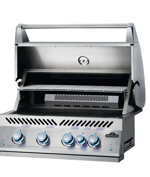 Stainless steel barbecue grill with brand logo on a white background