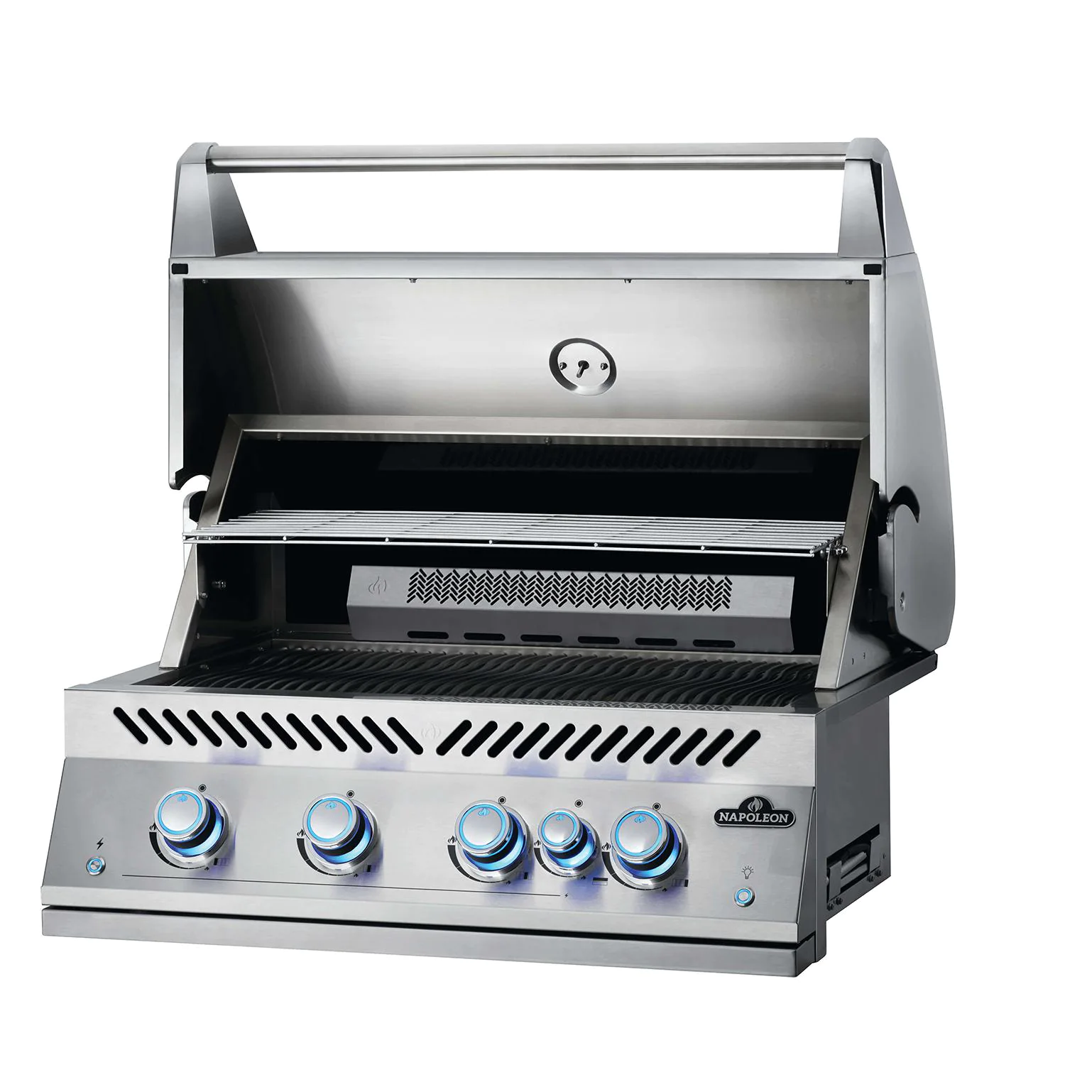 Stainless steel barbecue grill with brand logo on a white background