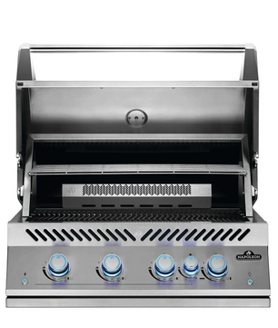 Stainless steel grill with visible Napoleon branding on a white background