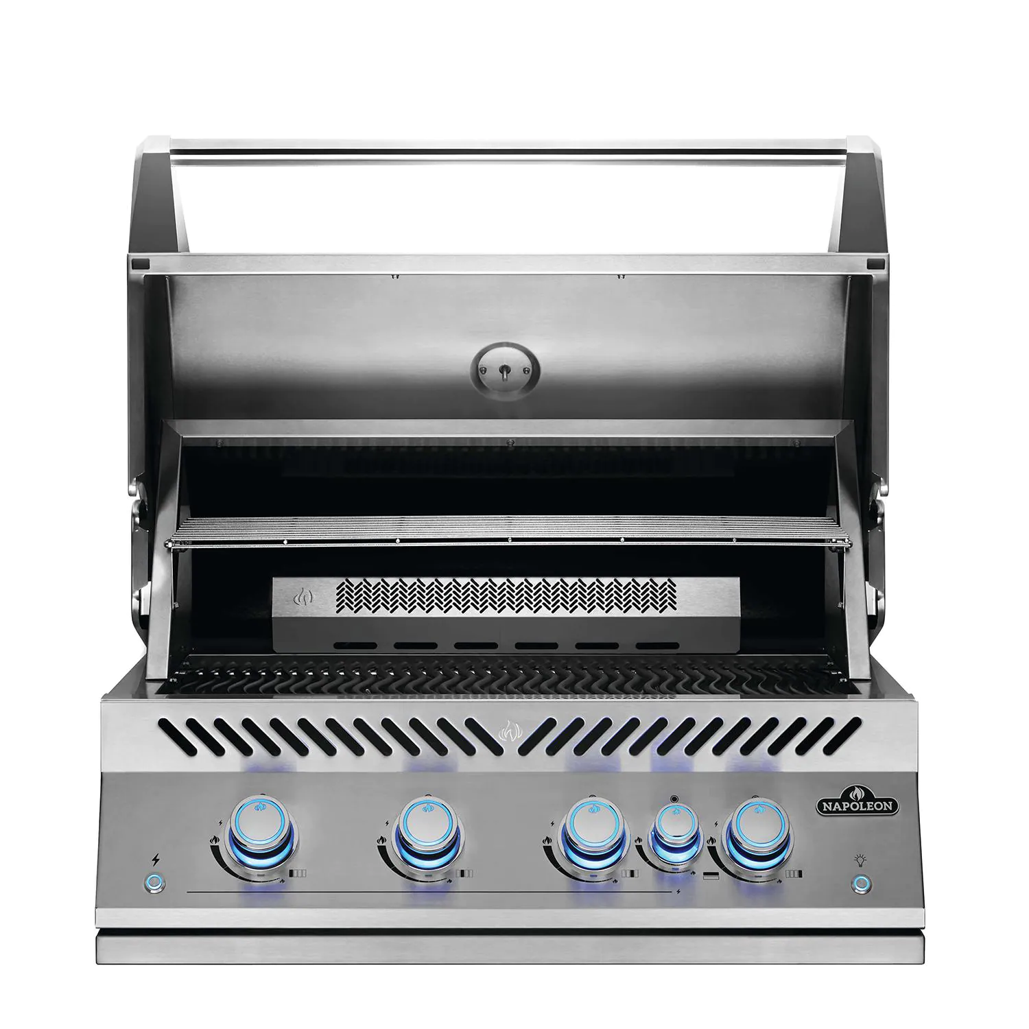 Stainless steel grill with visible Napoleon branding on a white background