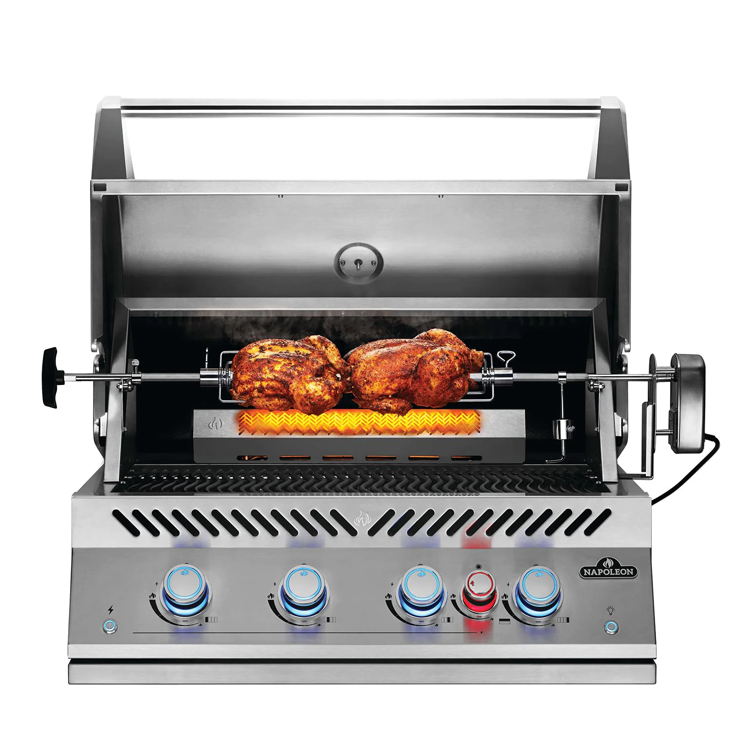 Stainless steel grill with rotisserie system on a white background