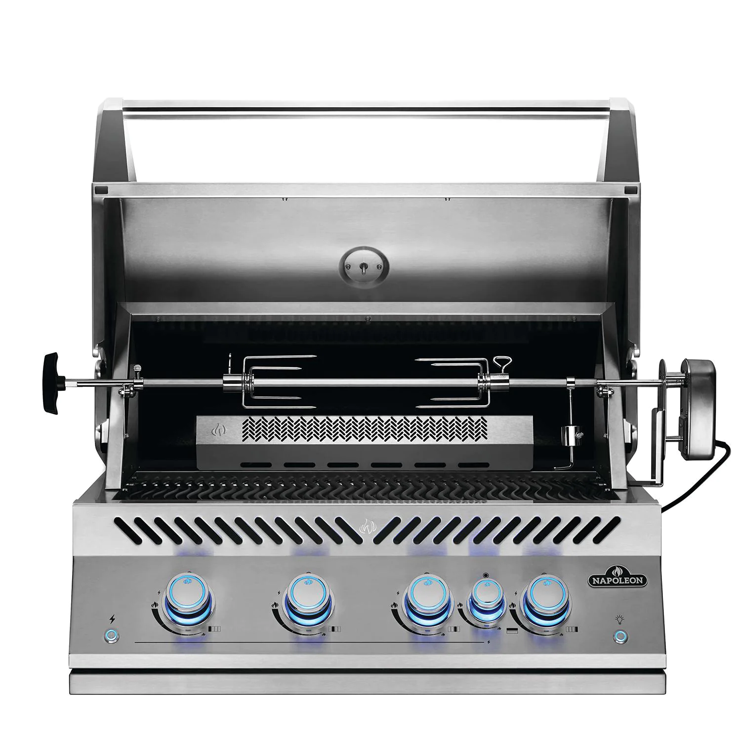 A stainless steel outdoor gas grill with a rotisserie spit assembly, shown open against a solid white background. The front features five blue-tinted control knobs on a brushed metal panel with the 'STANLEY ROE' brand logo in the bottom right corner.