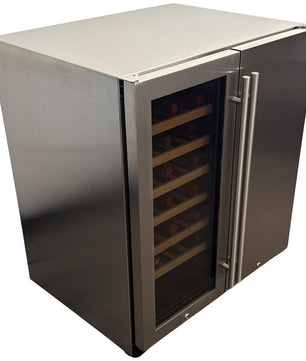 A stainless steel wine cooler with a glass door showing wooden wine racks and red wine bottles inside, set against a plain white background.