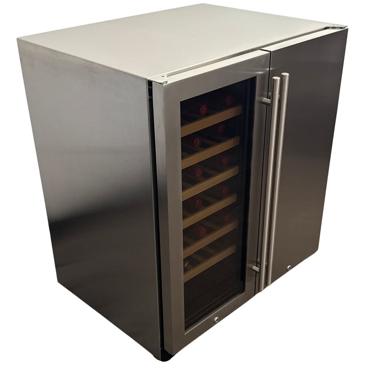 A stainless steel wine cooler with a glass door showing wooden wine racks and red wine bottles inside, set against a plain white background.