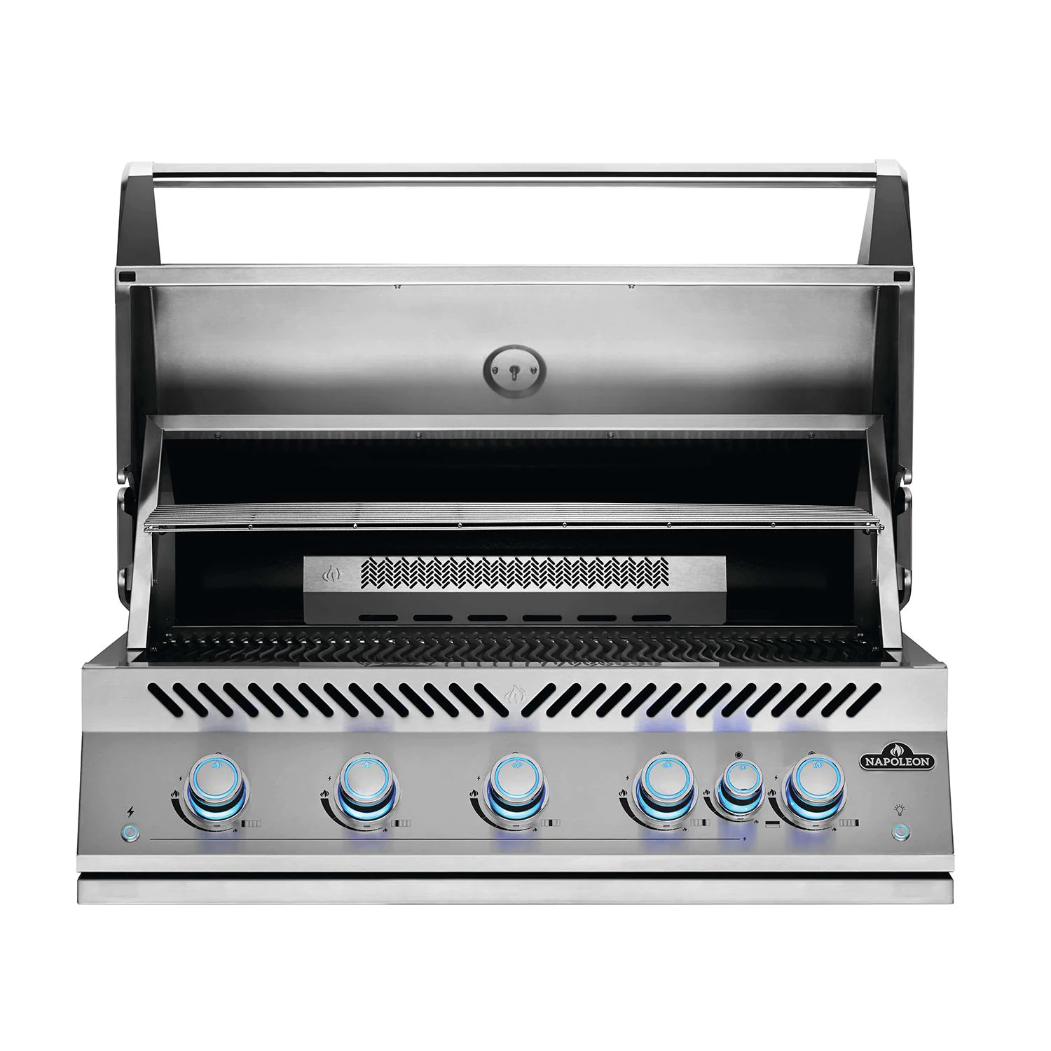 A stainless steel outdoor gas grill with its lid open, featuring five blue-tinted control knobs on the front and a visible 'PIRELINE' logo badge on the lower right.