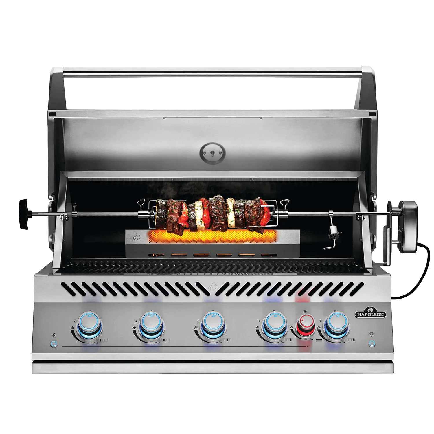 A stainless steel outdoor rotisserie grill with five blue and red control knobs on the front, shown open with a rotisserie spit holding grilled meat and peppers over a flame. The brand name 'Starfire' is visible on the lower right front panel.