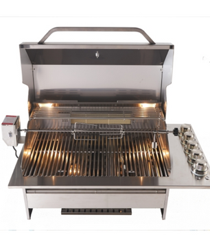 A stainless steel outdoor gas grill with its lid open, showing the interior grates, a hanging basket, a side control box, and multiple control knobs on the right side, photographed against a plain white background.