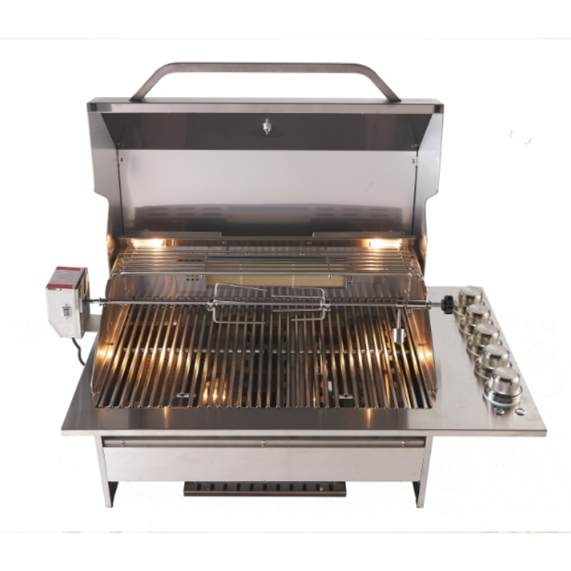 A stainless steel outdoor gas grill with its lid open, showing the interior grates, a hanging basket, a side control box, and multiple control knobs on the right side, photographed against a plain white background.