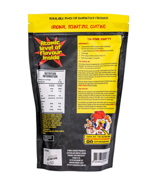 Back view of a food packaging with branding and nutritional information on a white background