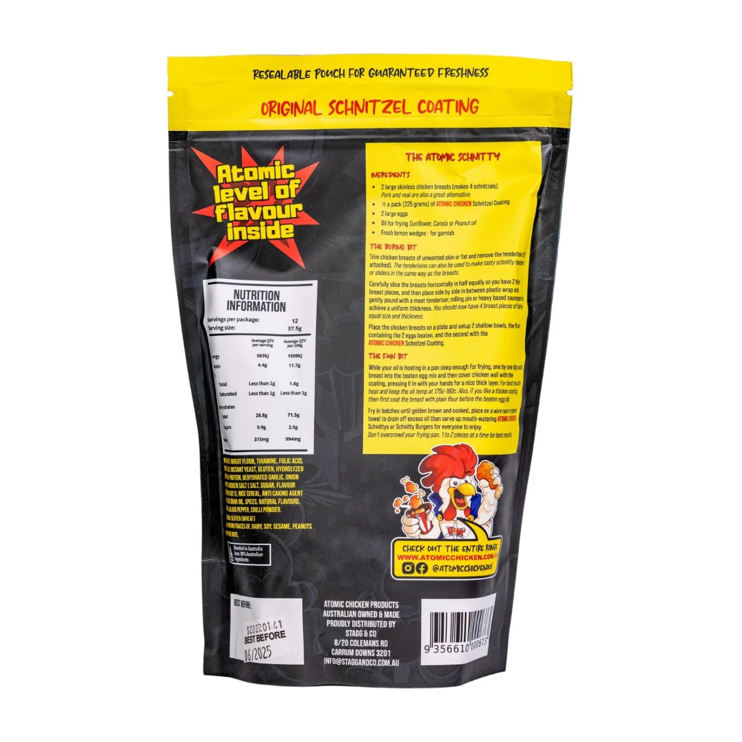 Back view of a food packaging with branding and nutritional information on a white background