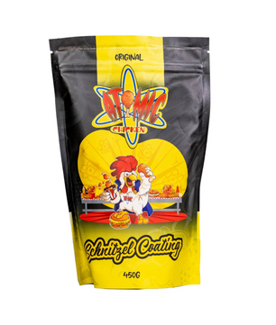 Packaging of Atomic Chicken Schnitzel Coating with cartoon chicken character on a white background