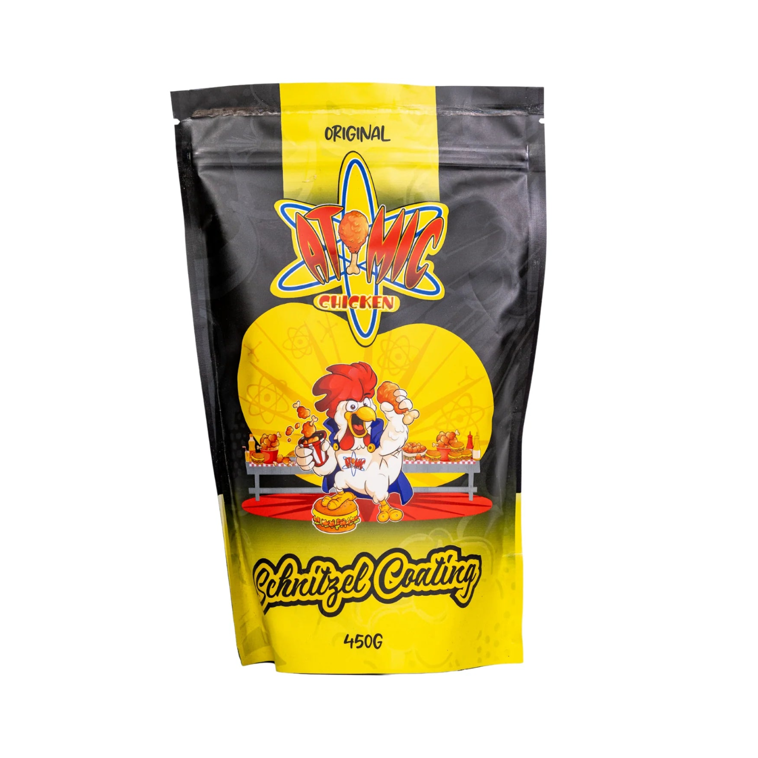 Packaging of Atomic Chicken Schnitzel Coating with cartoon chicken character on a white background
