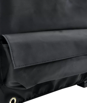 Close-up of a black raincoat with a focus on the fabric texture.