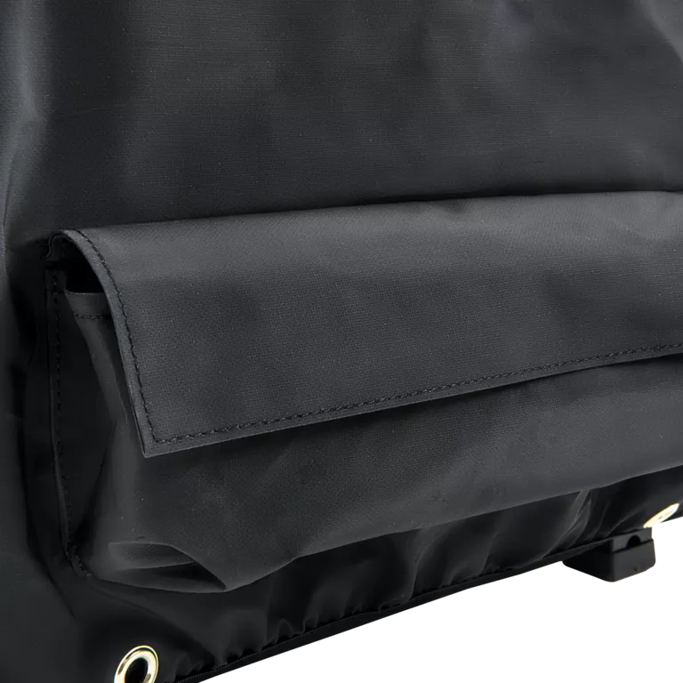 Close-up of a black raincoat with a focus on the fabric texture.