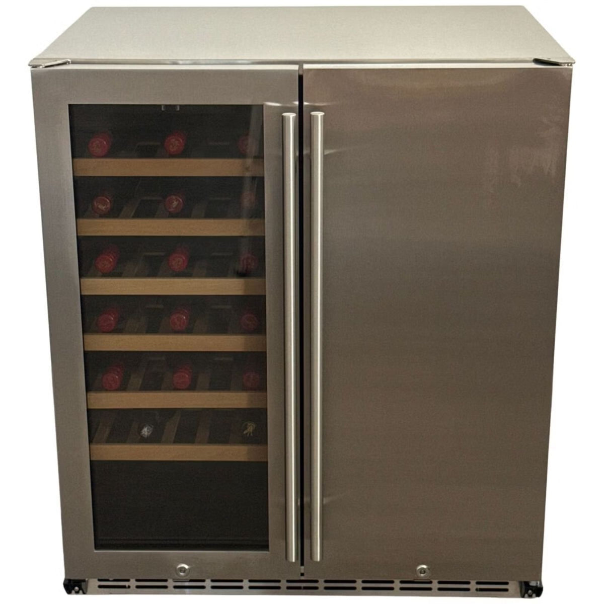 A stainless steel wine refrigerator with a glass door on the left showing wine bottles on wooden shelves, and a solid stainless steel door on the right, set against a plain white background.