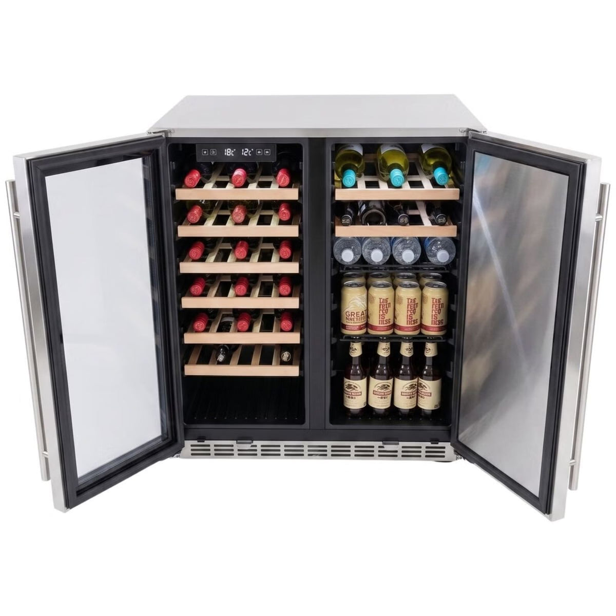 A stainless steel wine refrigerator with both doors open, showing two interior racks stocked with wine bottles and canned beverages on a white background.