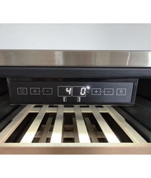 Close-up of a wine cooler or refrigerator interior showing the control panel with a digital display and wooden wine rack shelves.